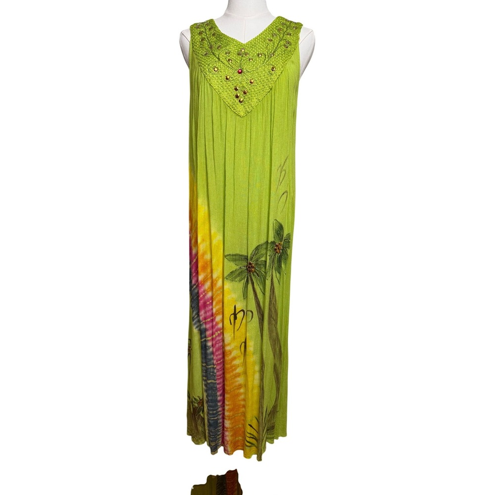 Metropolitan Lime Green Tie Dye Palm Tree Beaded Maxi Dress Small Resortwear EUC